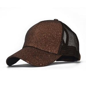 Women Fluorescent Sequins Baseball Caps Open Ponytail Sparkling Mesh Caps Hip Hop Hat For Outdoor Sports Tennis Camping Hiking